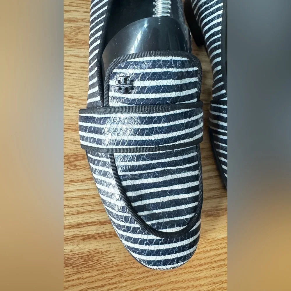 Tory Burch Blue/White Stripe Snakeskin Embossed Leather Smoking Slippers Size 9M